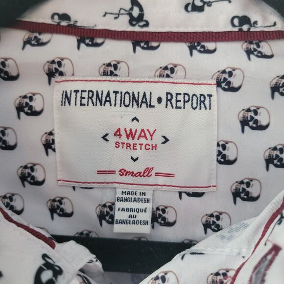 International Report Size S 4-Way Stretch Skull Print Button Up Shirt White - Picture 4 of 9
